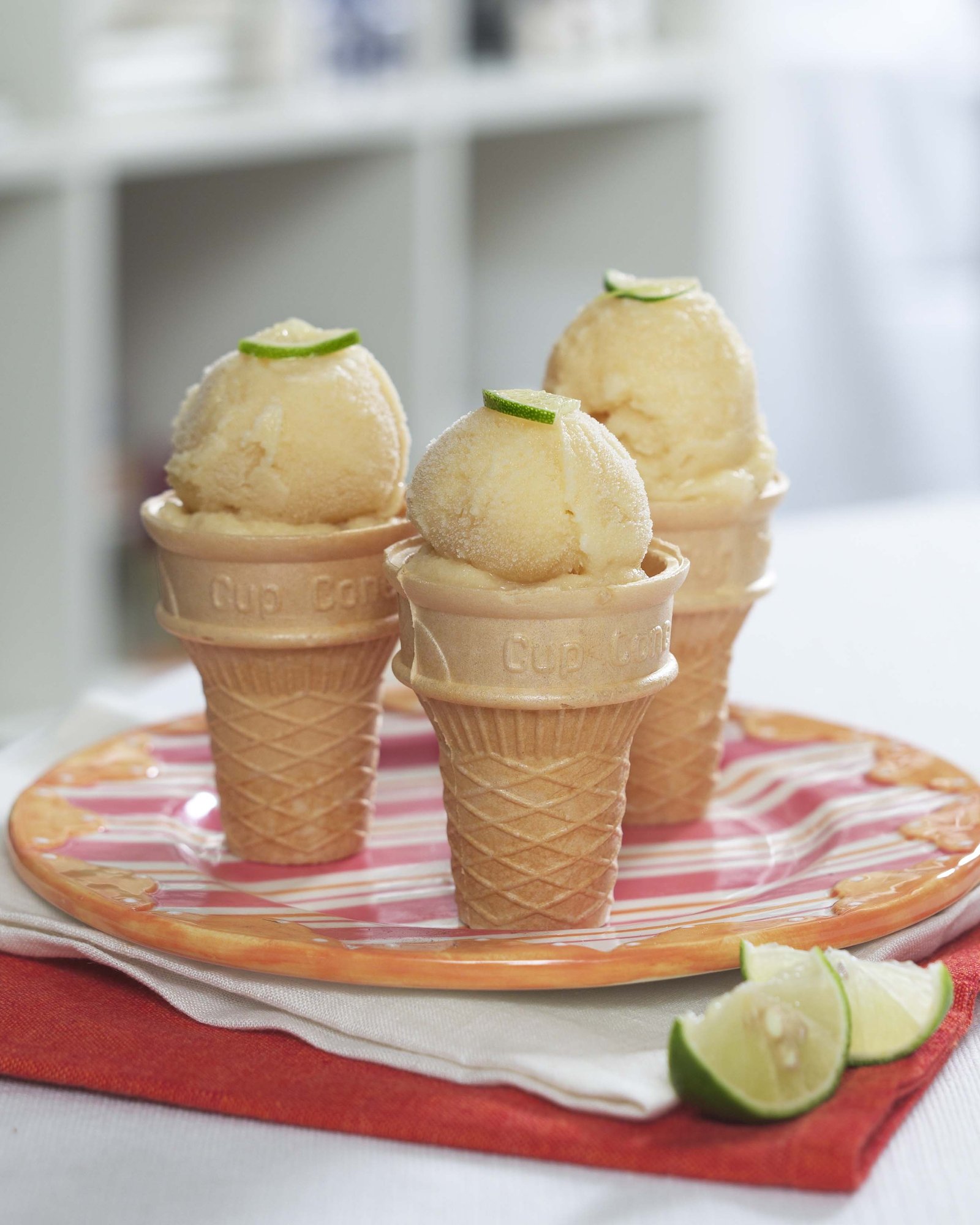 Pineapple and lime sorbet served in waffle cones