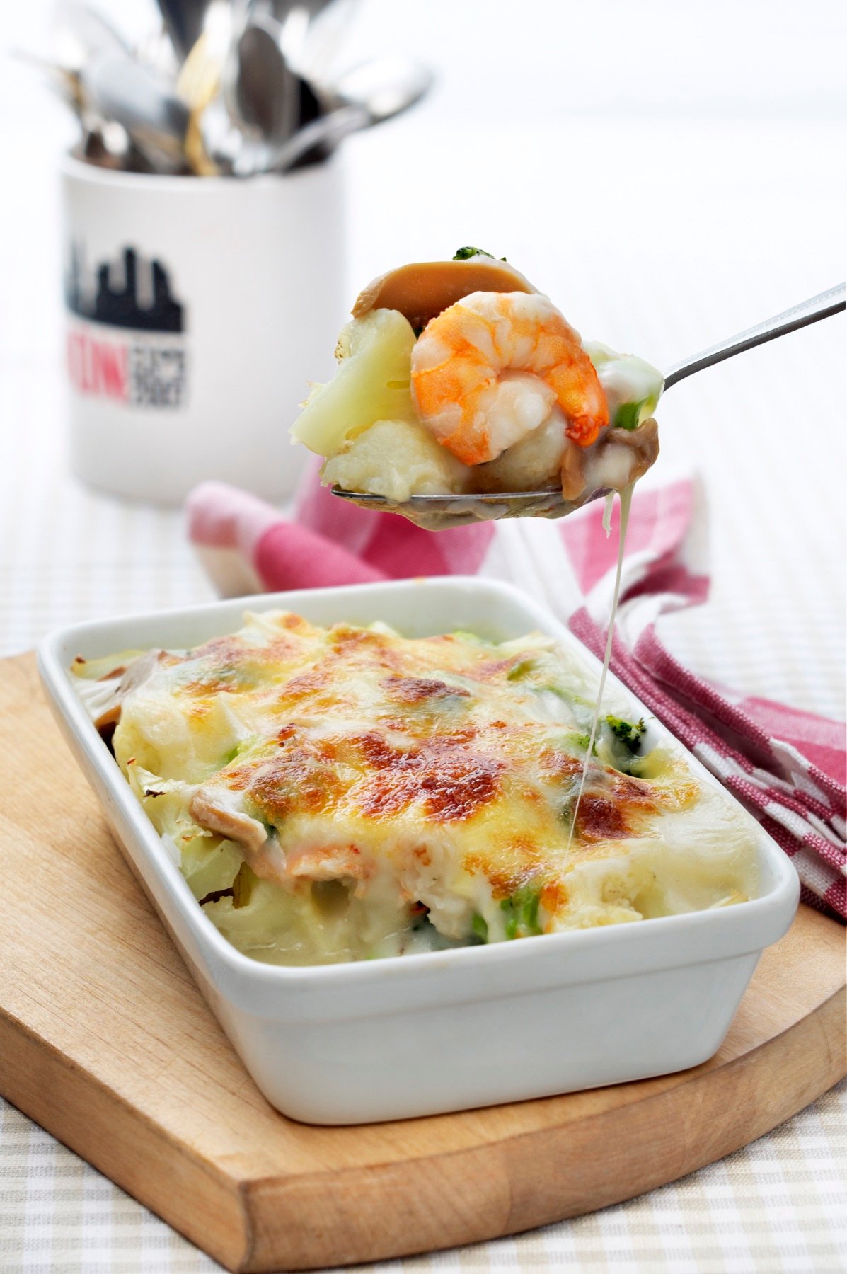 A baked dish served in a ceramic bowl