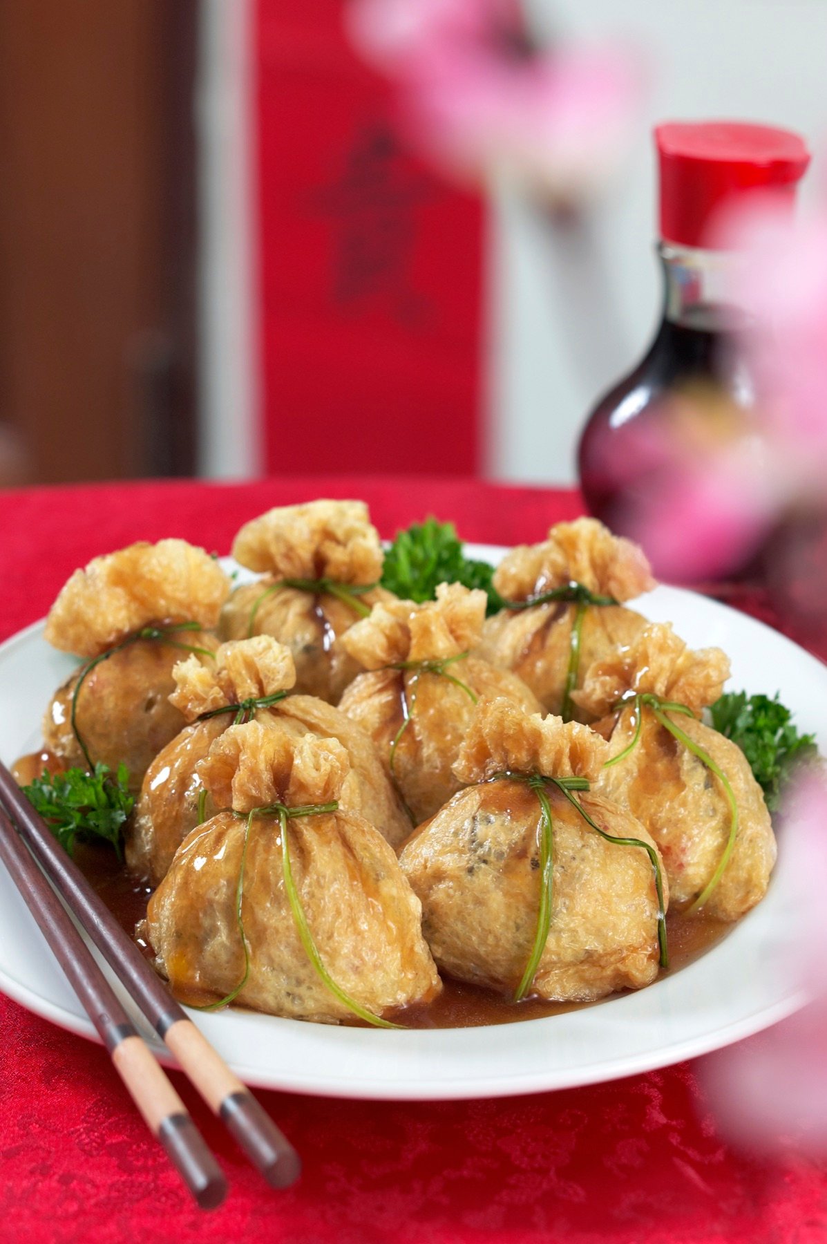 Golden dumplings with dipping sauce