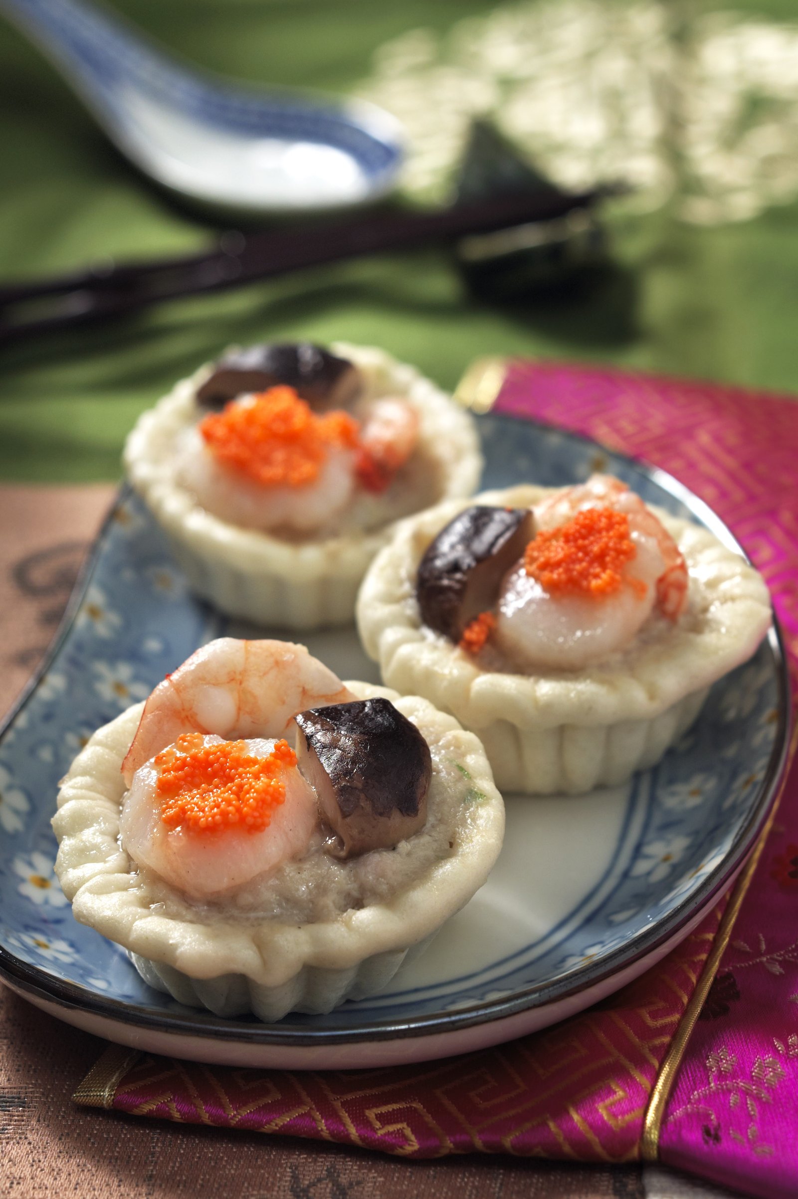 Dim sum dumplings arranged on a patterned plate