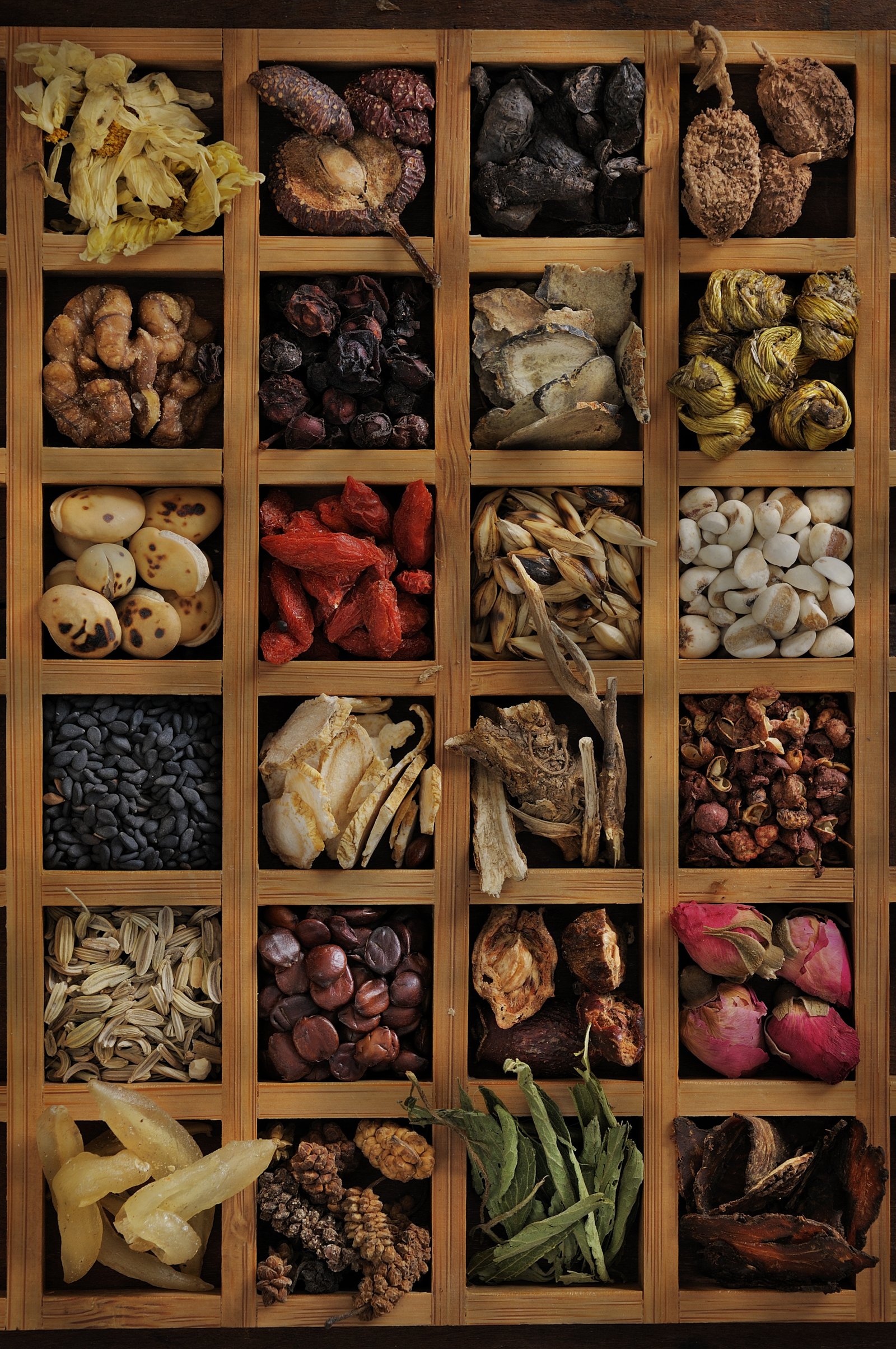 A colourful display of dried ingredients and spices
