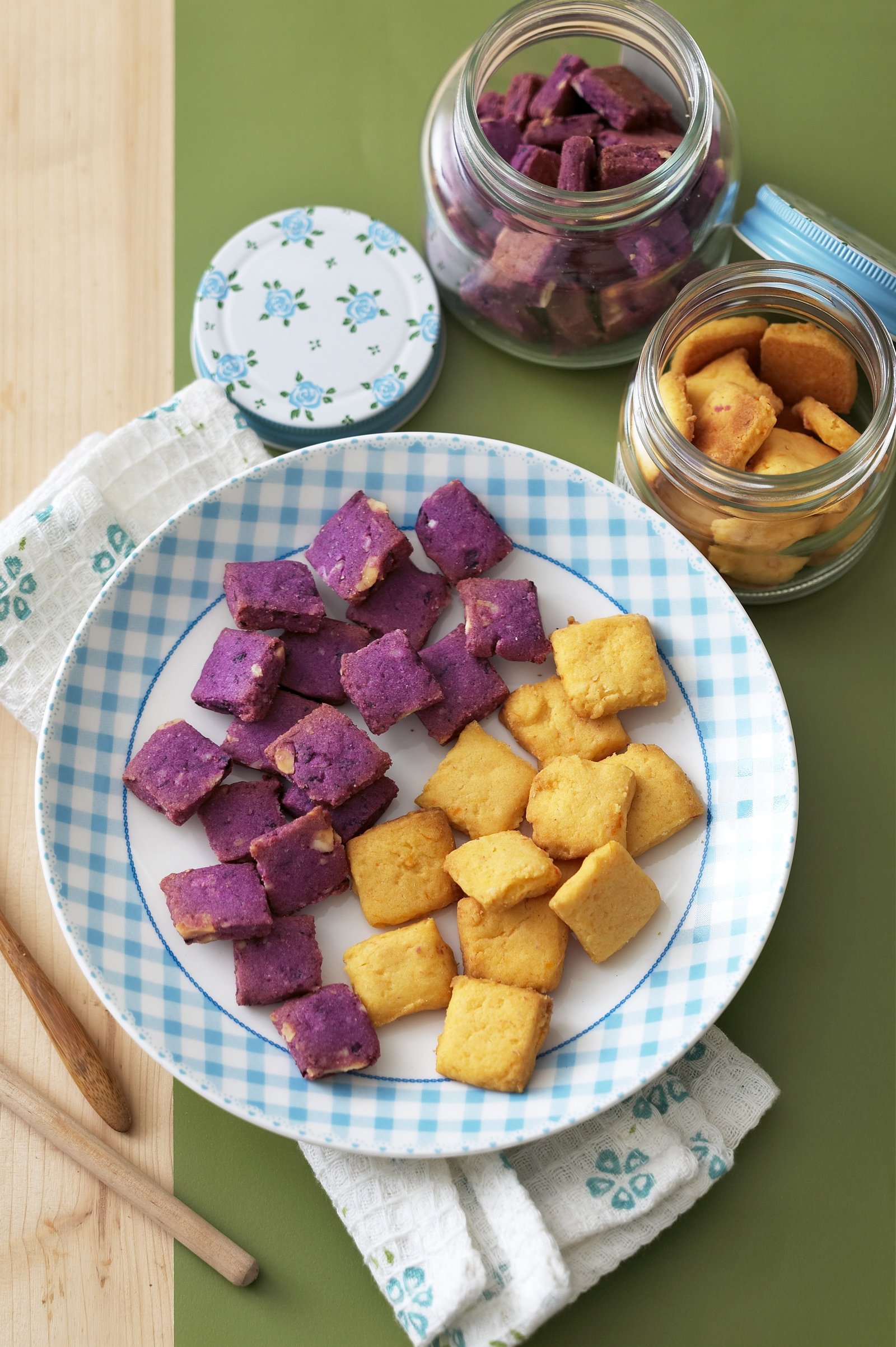 Colourful sweet potato bites served on a patterned plate