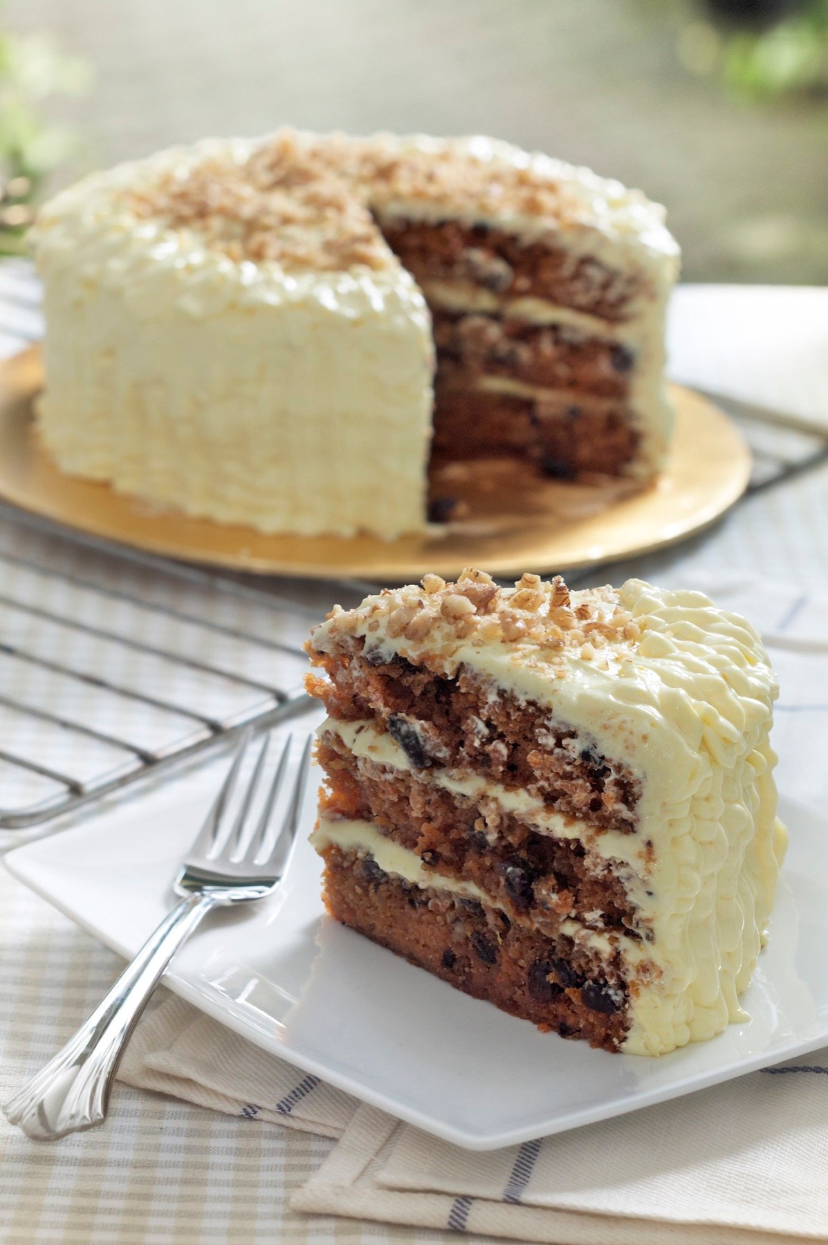 A layered chocolate cake presented for the menu