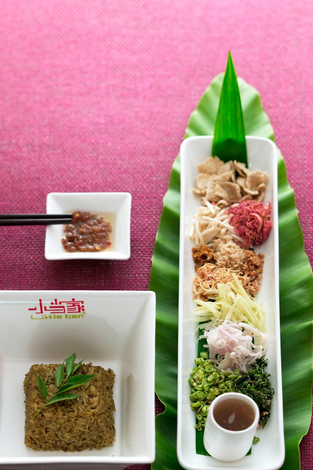 A colourful selection of small plated dishes