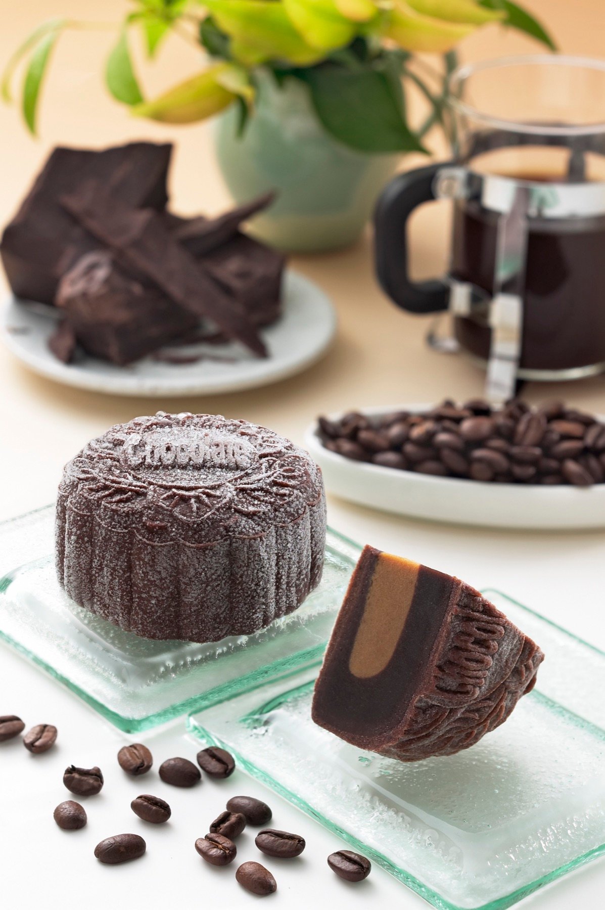 Chocolate desserts styled with coffee beans
