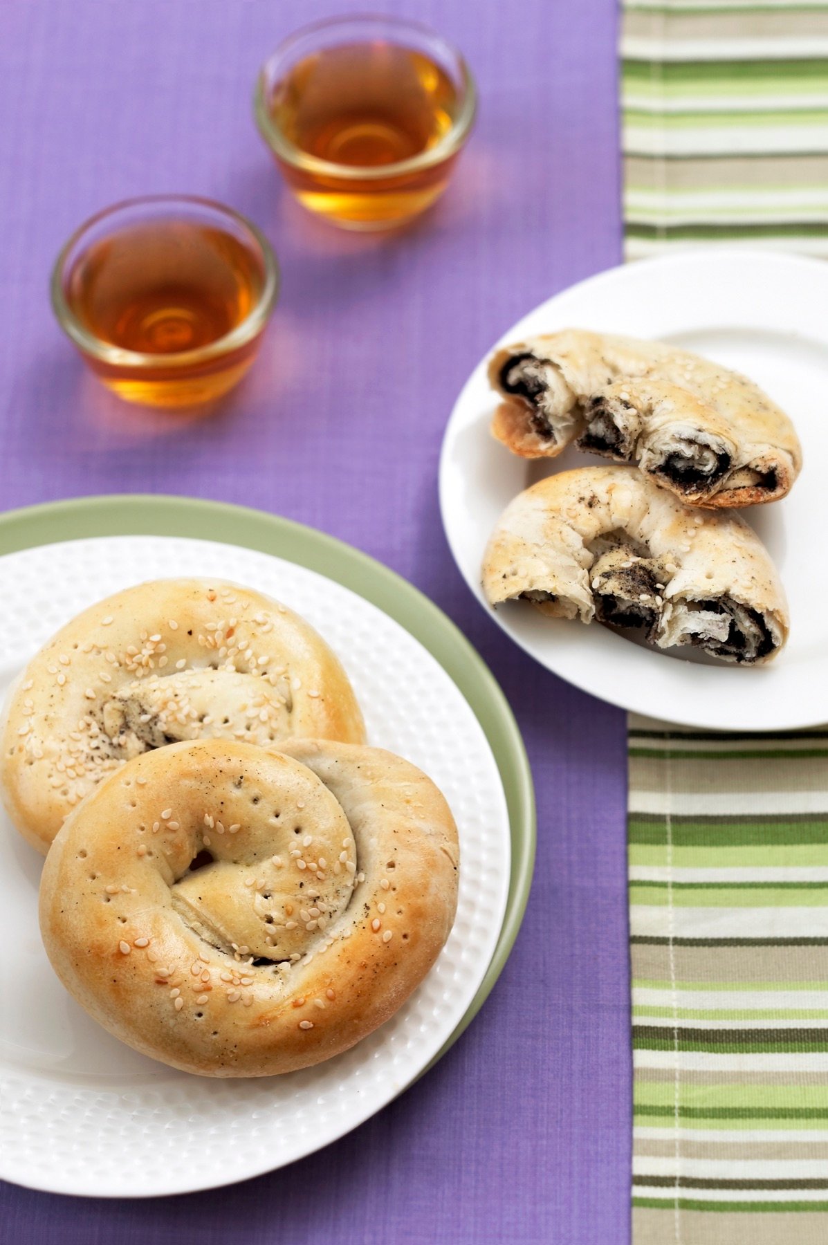 Biscuits arranged with tea and fresh fruit