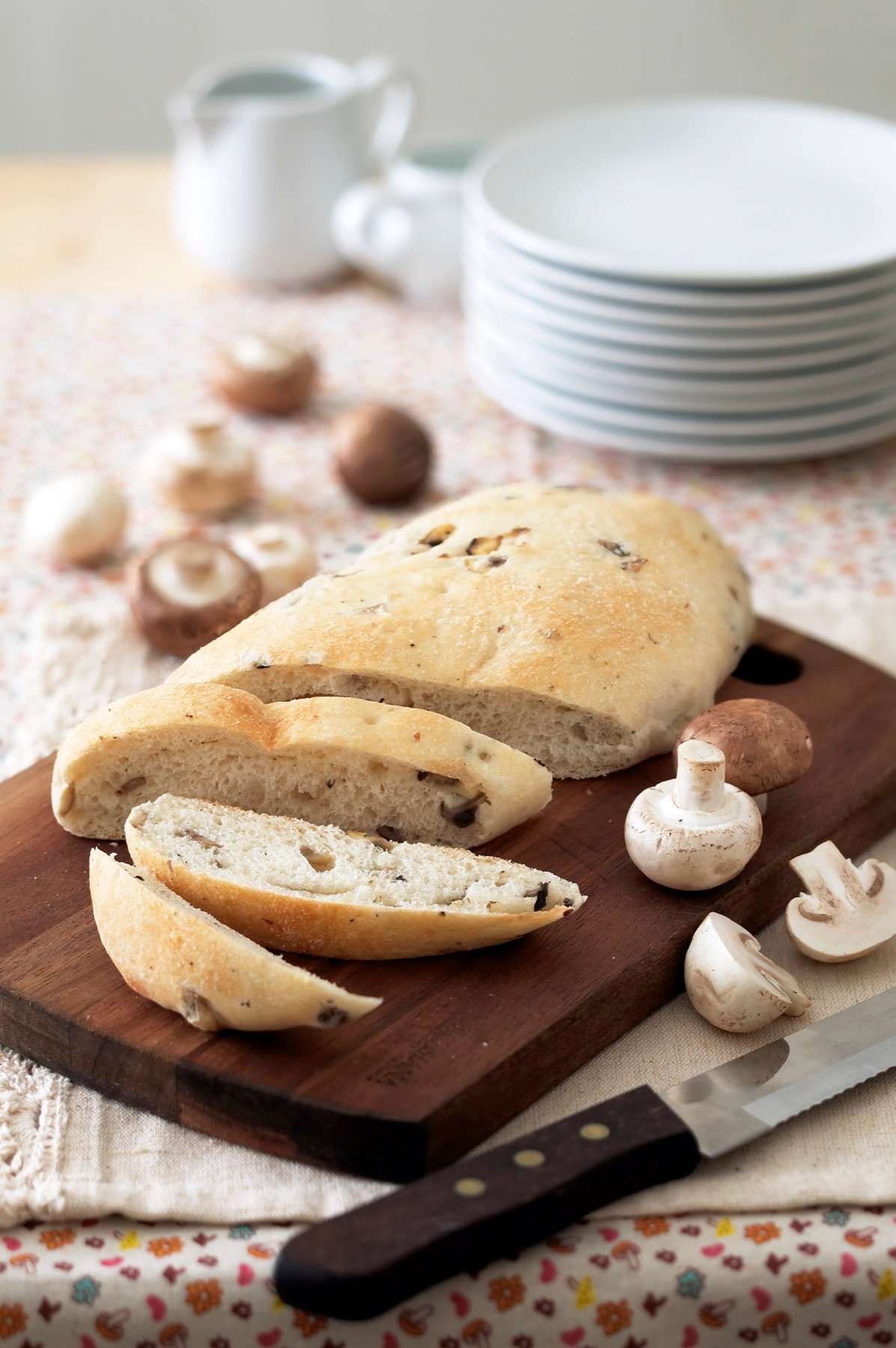Sliced bread served with a hot drink