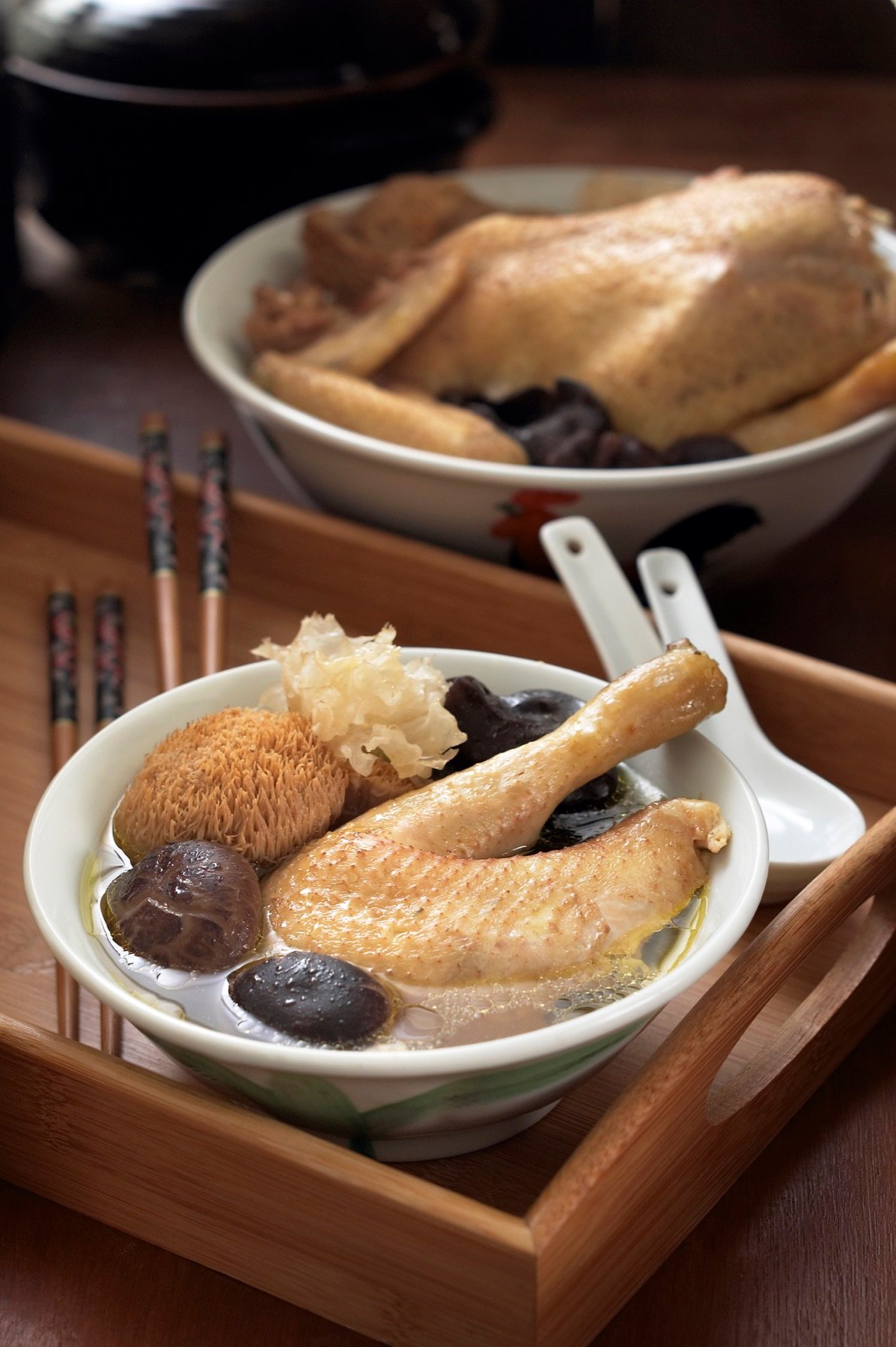 Chicken and vegetables served in a ceramic bowl