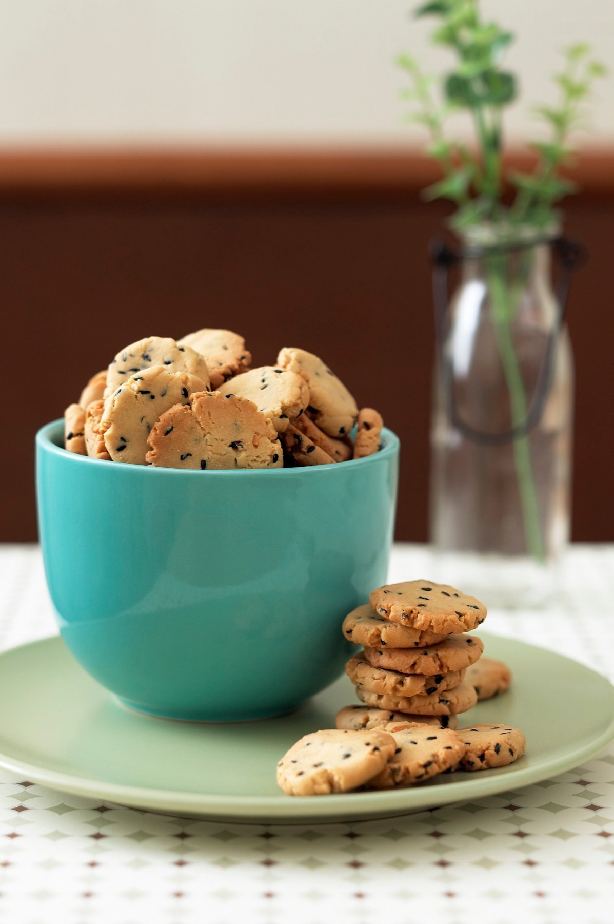 Cookies arranged with a cup of tea