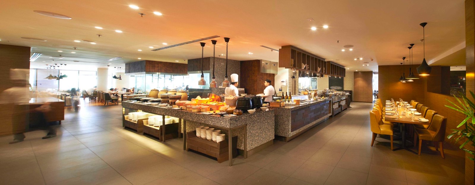 A wide view across a hotel dining room
