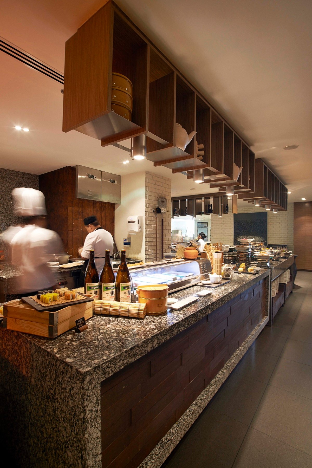 A restaurant counter prepared for service