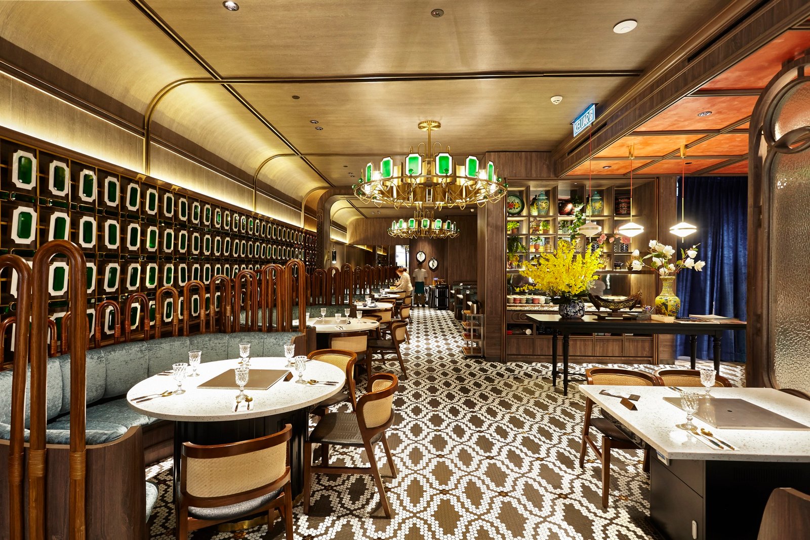 A restaurant dining room with patterned floors